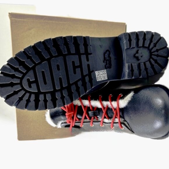 COACH Lorraine Sig Booties Womens 7.5 Black/Mahogany Chunky Heel Red Lace-up NIB - Picture 8 of 8